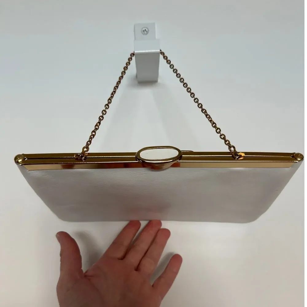 70s Etra white clutch with gold metal frame and matching gold chain strap
